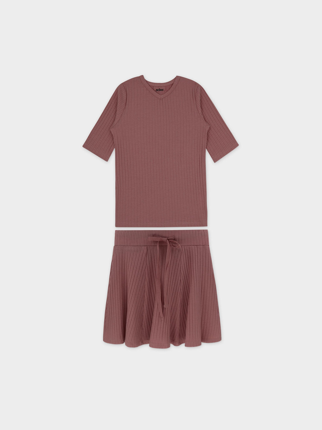 Pointelle V-Neck Short Sleeve Shirt &amp; Skirt-Mauve